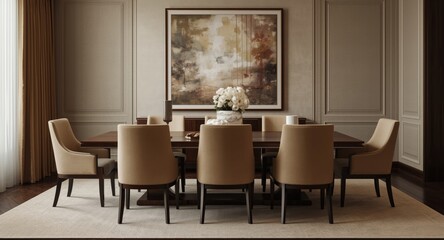 Fototapeta premium Furnished dining room with chairs around table and art piece on wall
