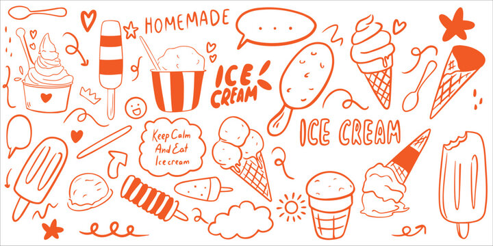 Ice cream doodle collection, orange line dessert illustration set
