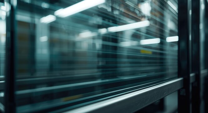 Tempered glass with striped design carried on transport rack showing undefined blur and light distortion