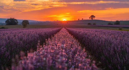 Vibrant sunset over blooming chia fields with orderly rows in a rural landscape