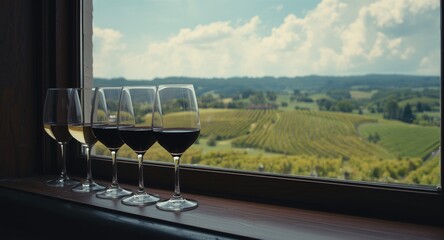 Naklejka premium Full glasses of red and white wines beside window overlooking rolling vineyard hills