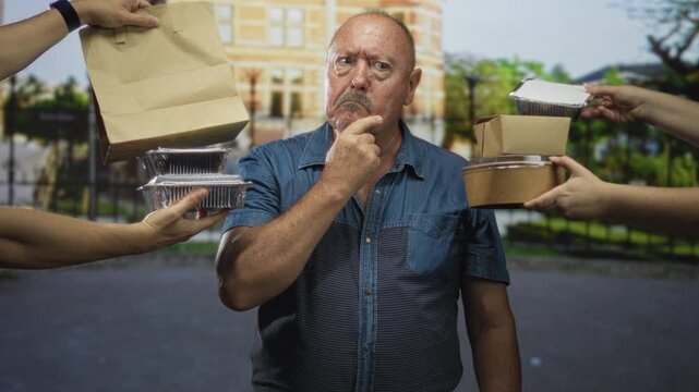 Man with hand on chin while multiple hands offer takeout containers and paper bag on street in front of building; uncertainty decision.