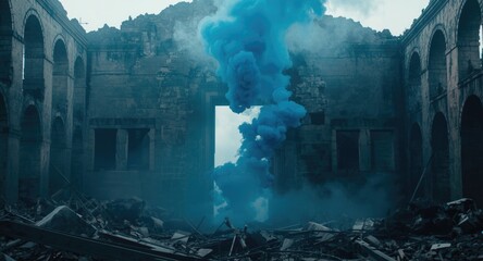 Obraz premium Ruined structures with blue smoke spiraling from a portal
