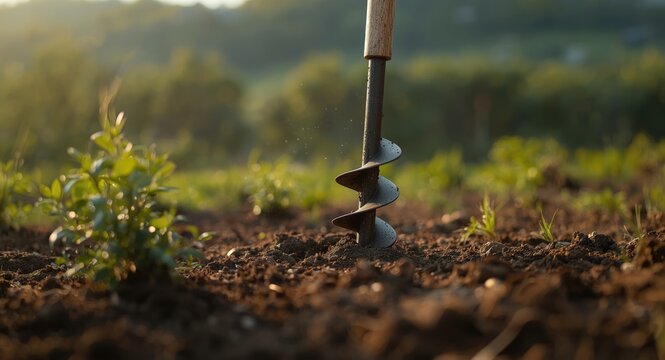 Manual earth auger tool creating holes for planting shrubs