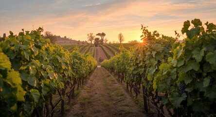 Naklejka premium Scenic vineyard landscape with ripe grapes under a glowing sunset sky