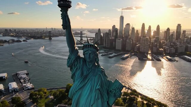 Aerial view of the Statue of Liberty and New York City at Sunset with beautiful lights