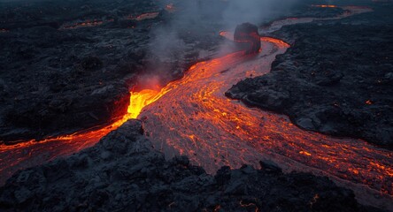 Bright flowing lava against dark ash ground illustrating earth formation and energy threat