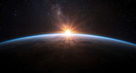 Fototapeta premium Space view of Earth's sunrise with twinkling stars and distant galaxy