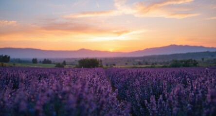 Purple lavender blooms glowing in sunset with layered mountain views