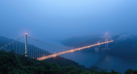 Fototapeta premium Visionary AI image of a cable suspension bridge over a misty river with enhanced lighting effects