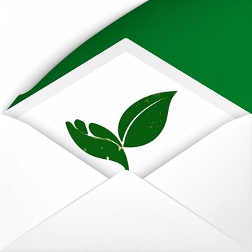 Green leaf eco friendly envelope with white paper on light background minimalist design