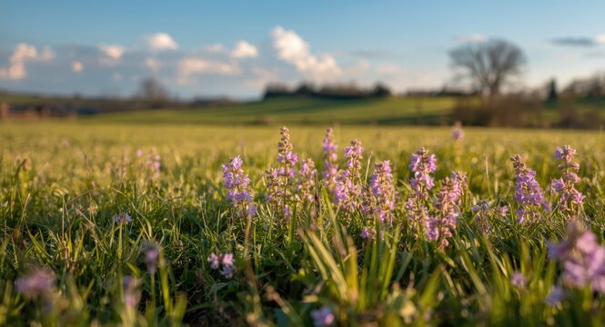 Springtime blooming of creeping thymus flowers in rural fields