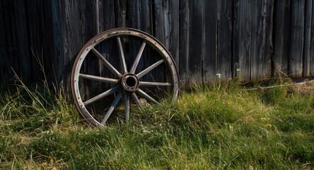 Fototapeta premium Weather-beaten wagon wheel resting near barn under sunny conditions with text space