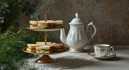 Fototapeta premium Herb dill cucumber and cream cheese sandwiches for tea with copy space provision