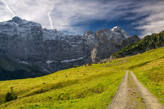 Country road through an alpine landscape towards houses in a remote location, Urnerboden, Uri, Switzerland