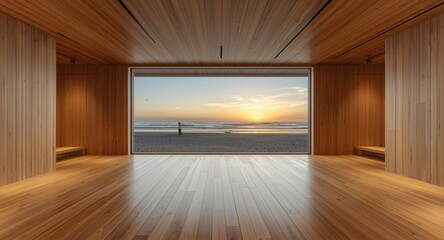 Fototapeta premium Expansive wooden gallery and large window in modern interior overlooking sunset beach scene suitable for product display
