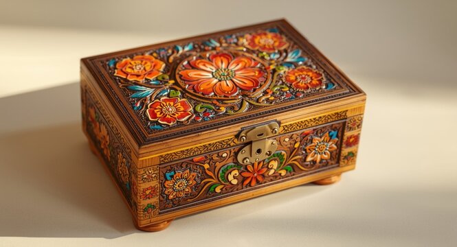 Artisan wooden keepsake box with lively flower motifs