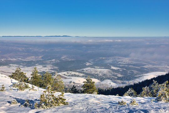 Alpine winter landscape view from Mt Zlatibor on a misty day, Zlatibor Mountain Range, Serbia