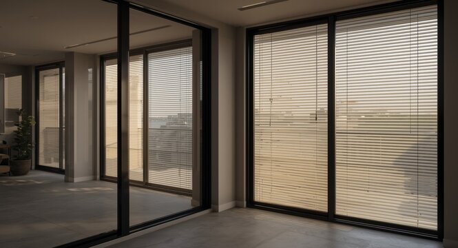 Modern condo showing double glazed window frames and external blinds installation with area for promotional text