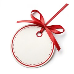 A white gift tag with a red ribbon tied in a bow