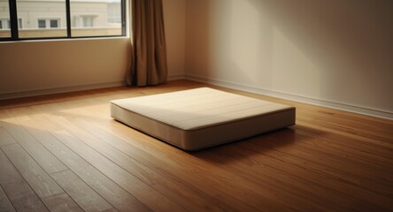 Fototapeta premium Tranquil minimalist bedroom featuring a singular mattress on wooden floorboards lit by diffuse warm natural light