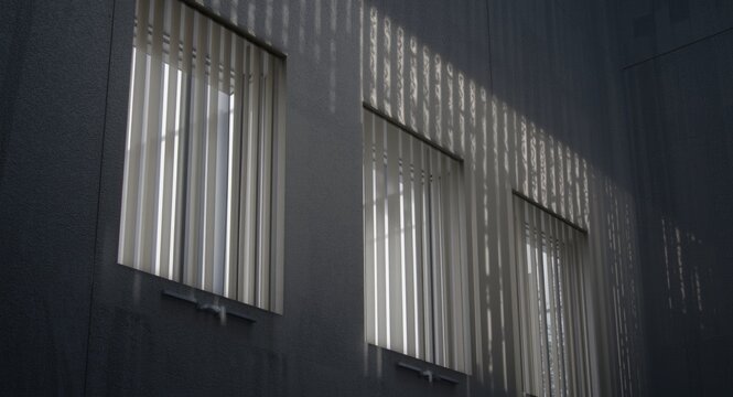 Three dimensional architectural representation of windows with brise soleil creating vertical light lines