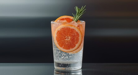 Sparkling hard seltzer drink with grapefruit slices and rosemary garnish