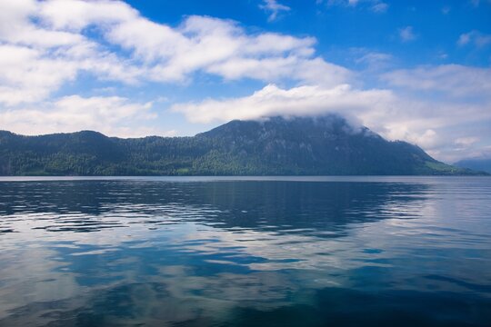 View of a mountain landscape across Lake Lucerne, Switzerland