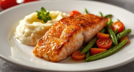 Mouthwatering salmon fillet with creamy mashed potatoes and a mix of fresh garden vegetables