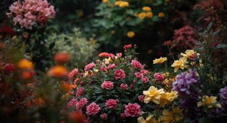 Colorful floral garden setting with rich green foliage making a spectacular visual backdrop