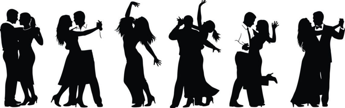 Silhouette couples dancing together in elegant romantic poses, isolated black figures showing ballroom movement, partnership rhythm, celebration and love expression