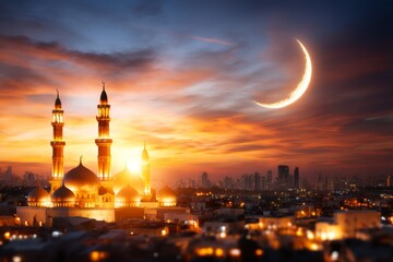 Fototapeta premium Elevated Perspective of Clay Mosque Silhouette Against Sunset Sky and Crescent Moon