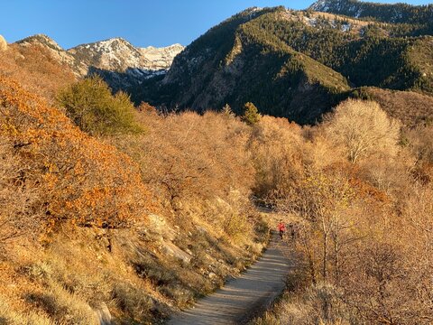 Distant view of two unrecognisable people walking along a wooden boardwalk in Lower Bells Canyon trailhead, Little Cottonwood Canyon, Sandy, Utah, USA