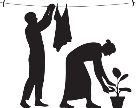 Black silhouette of man hanging clothes and woman tending plant