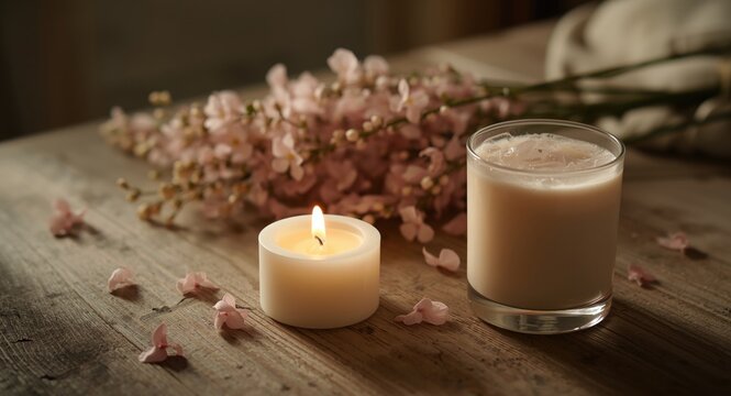 Relaxed atmosphere with white candle on rustic wood near pink flowers and a glass of cold chaas made from rice milk