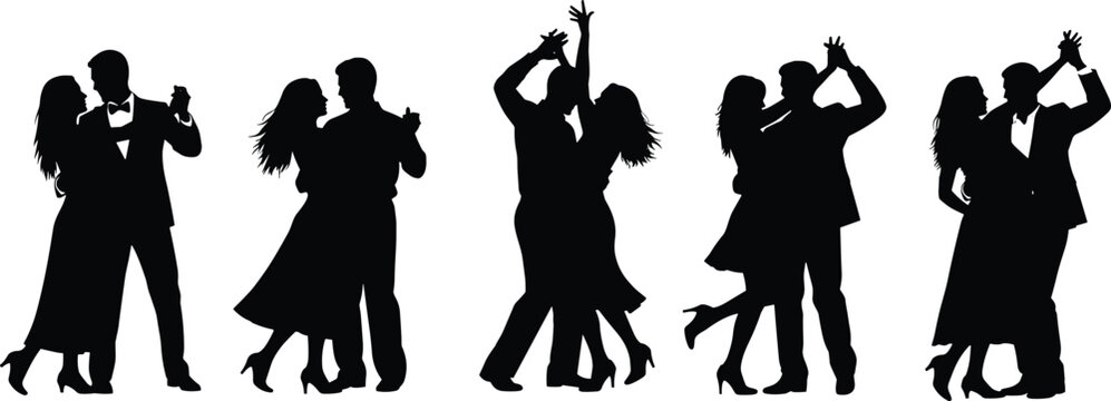 Silhouette dancing couples in elegant romantic poses, isolated black figures showing ballroom movement, partnership rhythm, graceful dance expressions and celebration