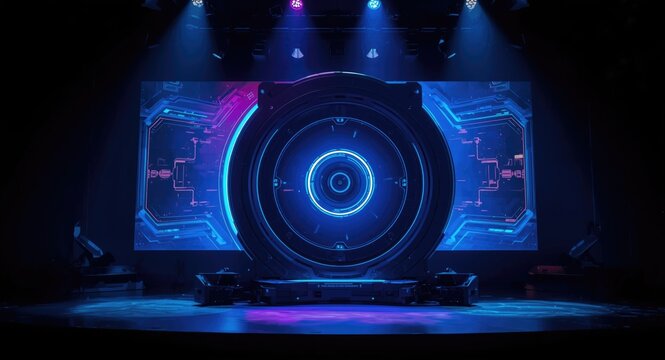 Sci fi digital portal technology showcasing immersive VR GUI on stage