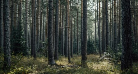 Obraz premium Delicate outdoor forest with slender coniferous trees in serene light