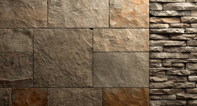 Wallpaper design with textured flagstone slabs and stone cladding