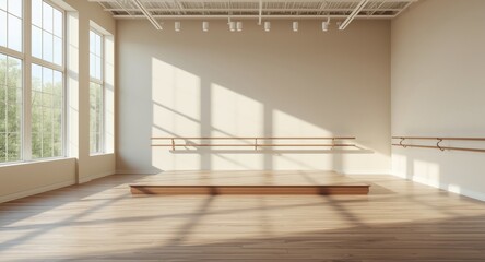 Obraz premium Airy dance studio environment featuring big windows and a modest stage with copy space