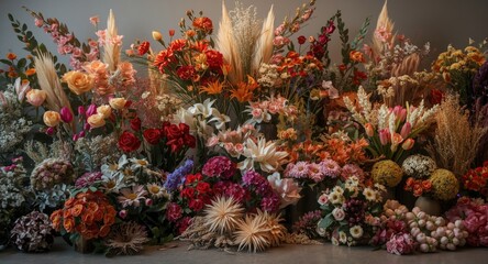 Fototapeta premium Modern retail flower spread offering diverse colorful options for interior floral styling