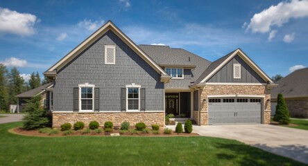Residential exterior design with gray wood panel cladding, stone pillars, and double garage entrance