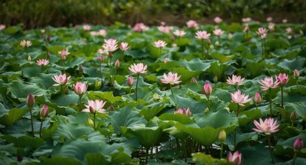 Natural lotus flowers blooming profusely in swampy landscape