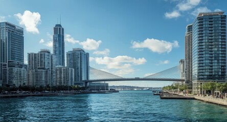 Obraz premium Urban waterfront scene with high rise buildings and connecting bridges