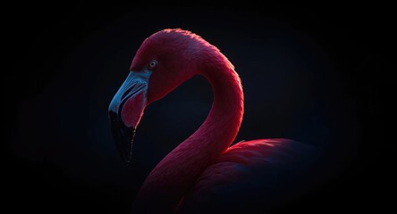 Naklejka premium Tight frame of a glowing pink flamingo surrounded by dark ambiance