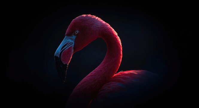 Tight frame of a glowing pink flamingo surrounded by dark ambiance