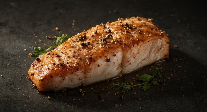 Atlantic wolffish steak rubbed with pepper and herb seasoning