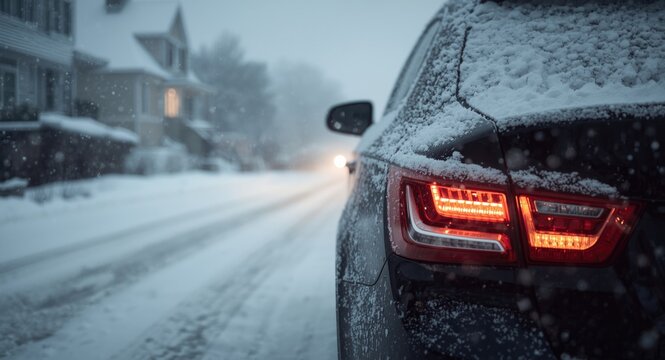 Wintertime vehicle preheating with auto start amid heavy snowfall covering a car in a residential area
