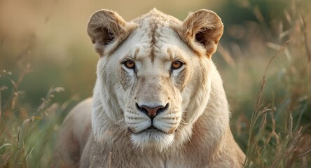 Obraz premium Close up view of a white lion with a subtle defocused background resembling wild nature