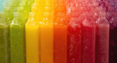 Obraz premium Fresh tropical juice bottles in rainbow colors highlighting kiwi strawberry apple and violet hues